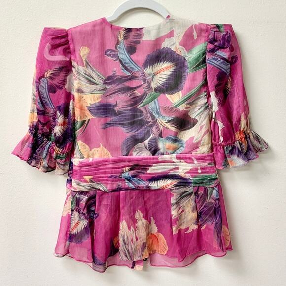 PatBO Floral Print Puff Sleeve V-Neck Button Front Blouse Pink Women's Size us 4 - Picture 4 of 6